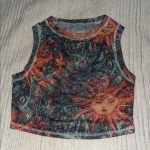 Sun and Moon Patterned Mesh Crop Top